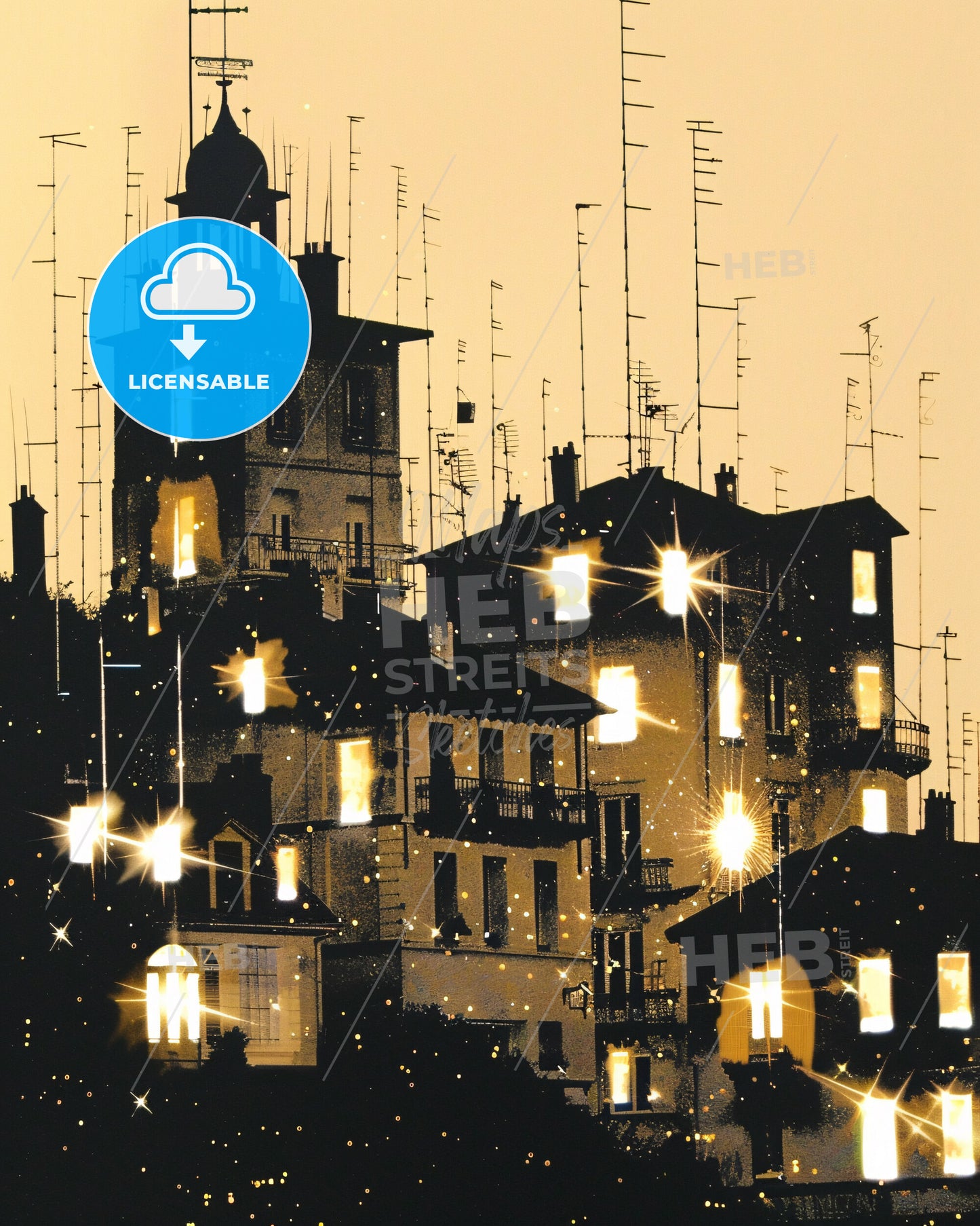 La Seyne-sur-Mer Skyline Silhouette Poster Art - A group of buildings with lights on them