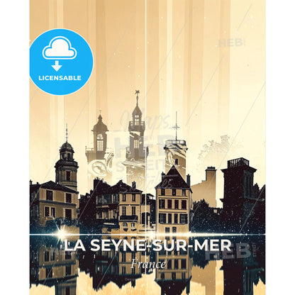 La Seyne-sur-Mer City Double Exposure Poster Skyline - A city with buildings and a body of water - Square format print template