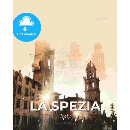 La Spezia City Fusion Skyline Icon Poster - A building with a clock tower - Square format print template