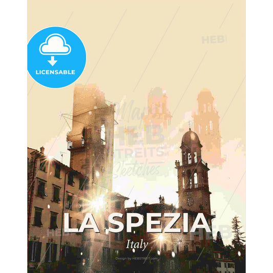 La Spezia City Fusion Skyline Icon Poster - A building with a clock tower - Square format print template