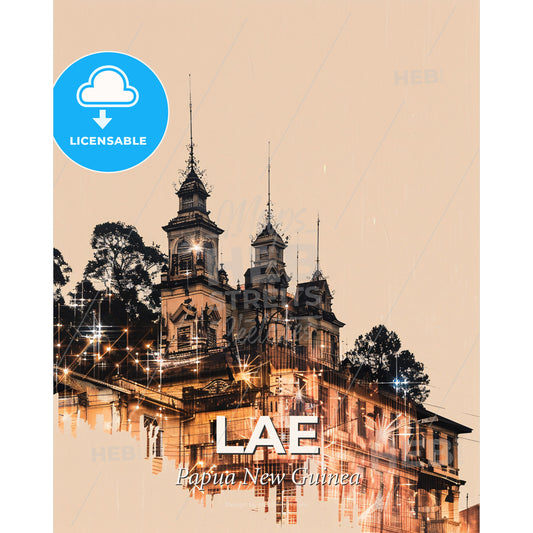 Lae PNG Skyline Art - Local Architectural Icons - A building with a tower and trees - Square format print template
