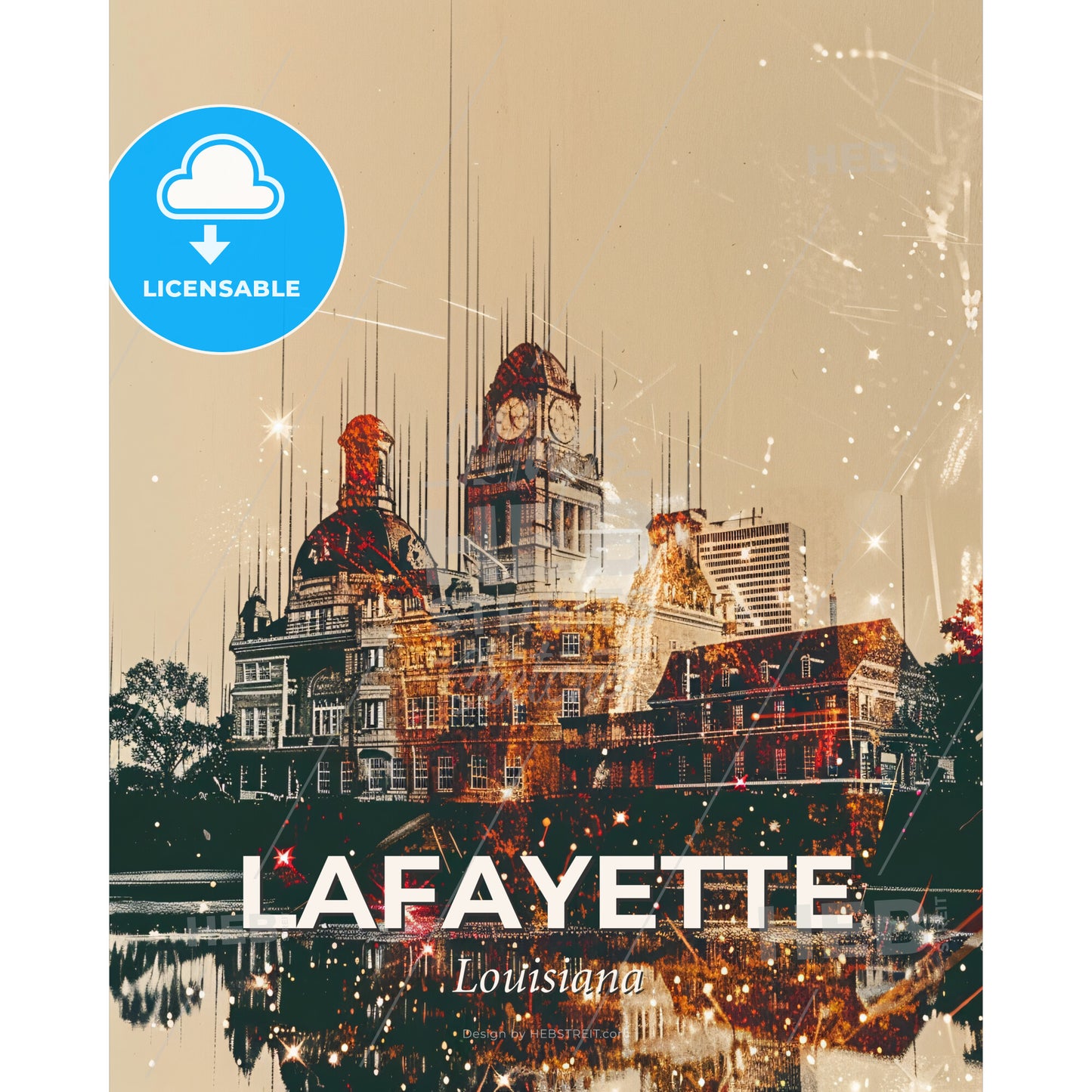 Lafayette City Skyline Composite Art Print - A building with a clock tower - Square format print template