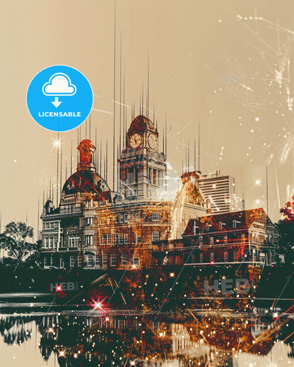 Lafayette City Skyline Composite Art Print - A building with a clock tower