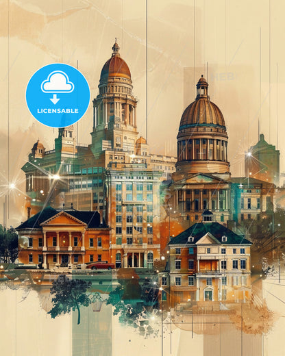 Lafayette City Skyline Art Composite Double Exposure - A large building with domed roofs