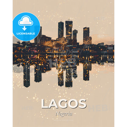 Lagos Skyline in Vibrant Beige & Sparkle - A city skyline with lights reflecting in water - Square format print template