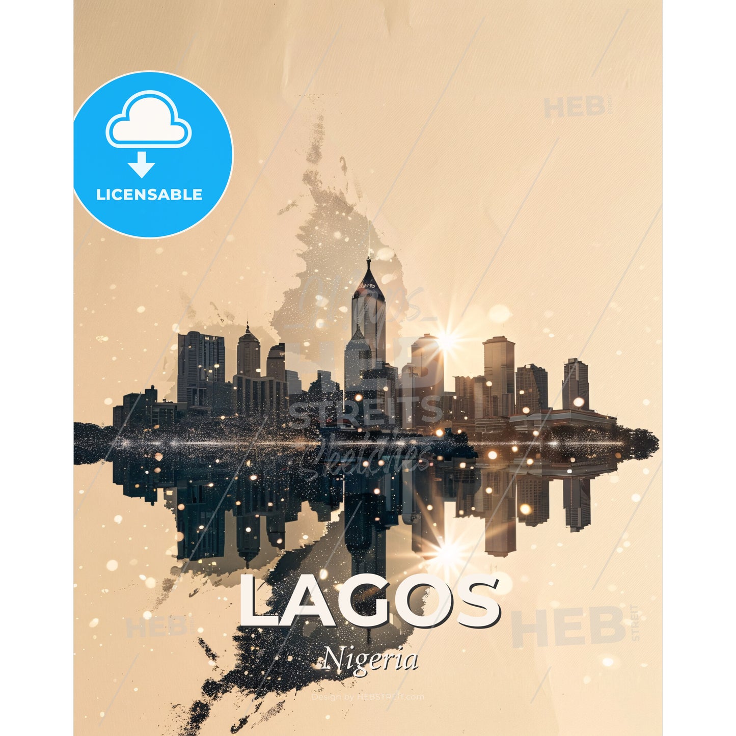 Lagos Skyline Composite Double Exposure - A city skyline with lights reflecting on water - Square format print template