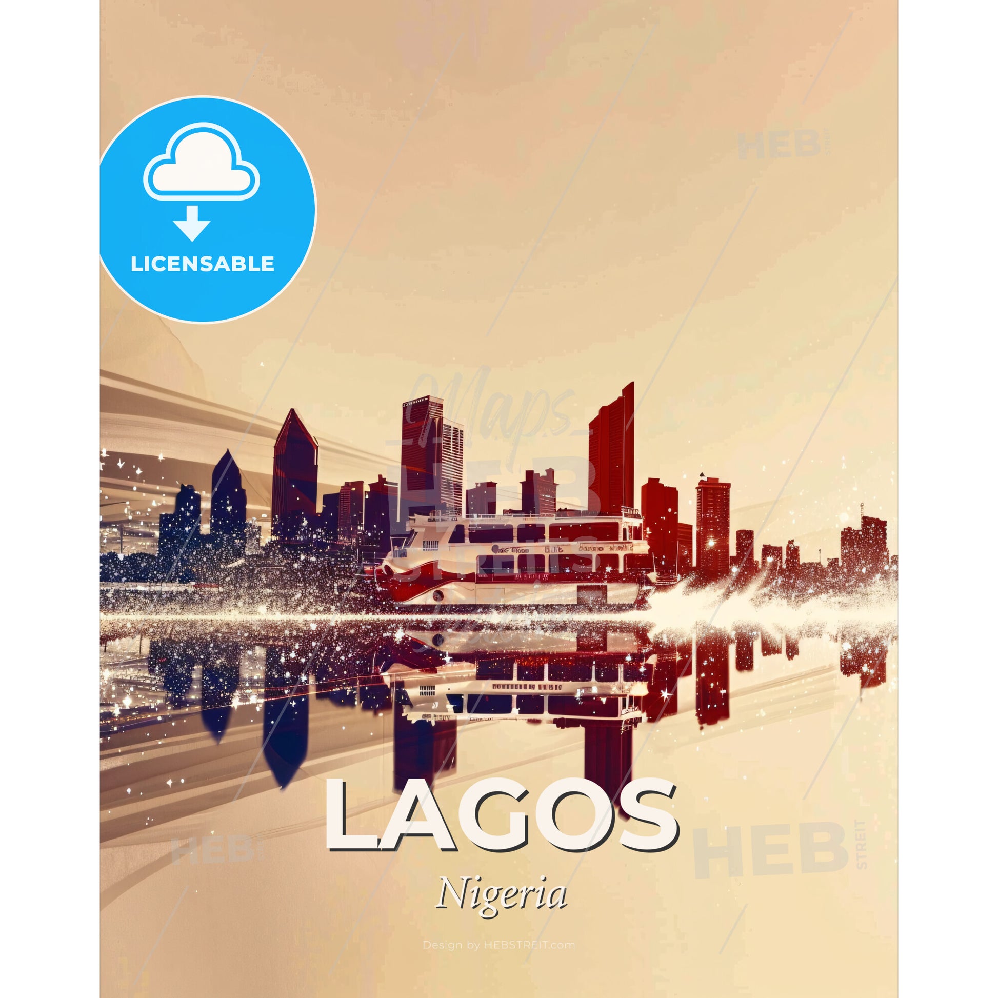 Lagos, Nigeria: Urban Sparkle Skyline Poster - A city skyline with a boat on water - Square format print template
