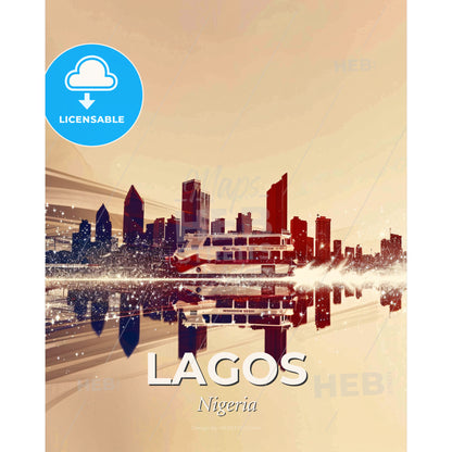 Lagos, Nigeria: Urban Sparkle Skyline Poster - A city skyline with a boat on water - Square format print template
