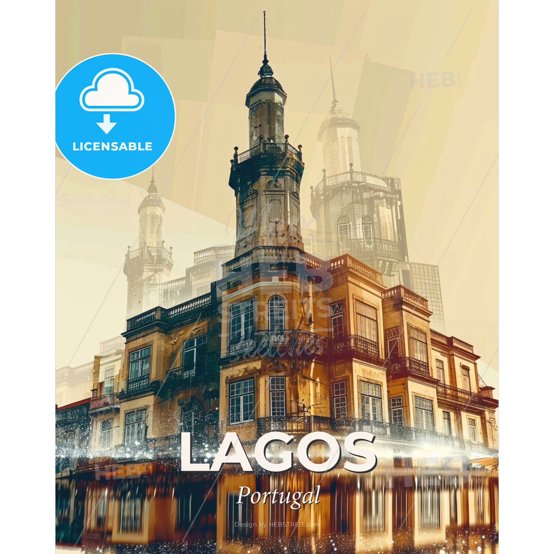 Lagos, Portugal Skyline Poster Art,Beige,Sparkling - A building with towers and a tower on top - Square format print template