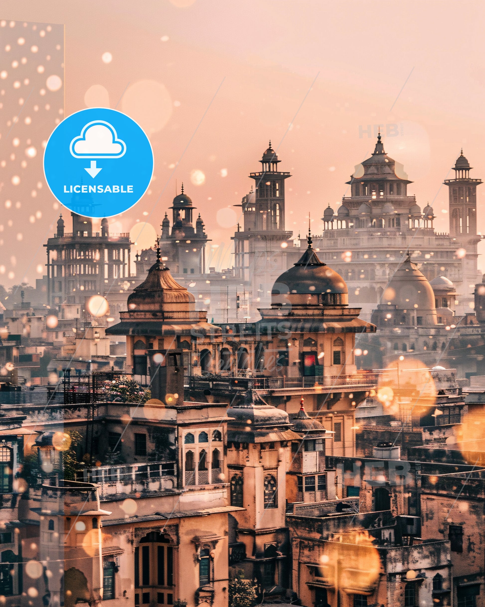 Lahore Skyline Double Exposure Composite Art Print - A city with many towers and roofs