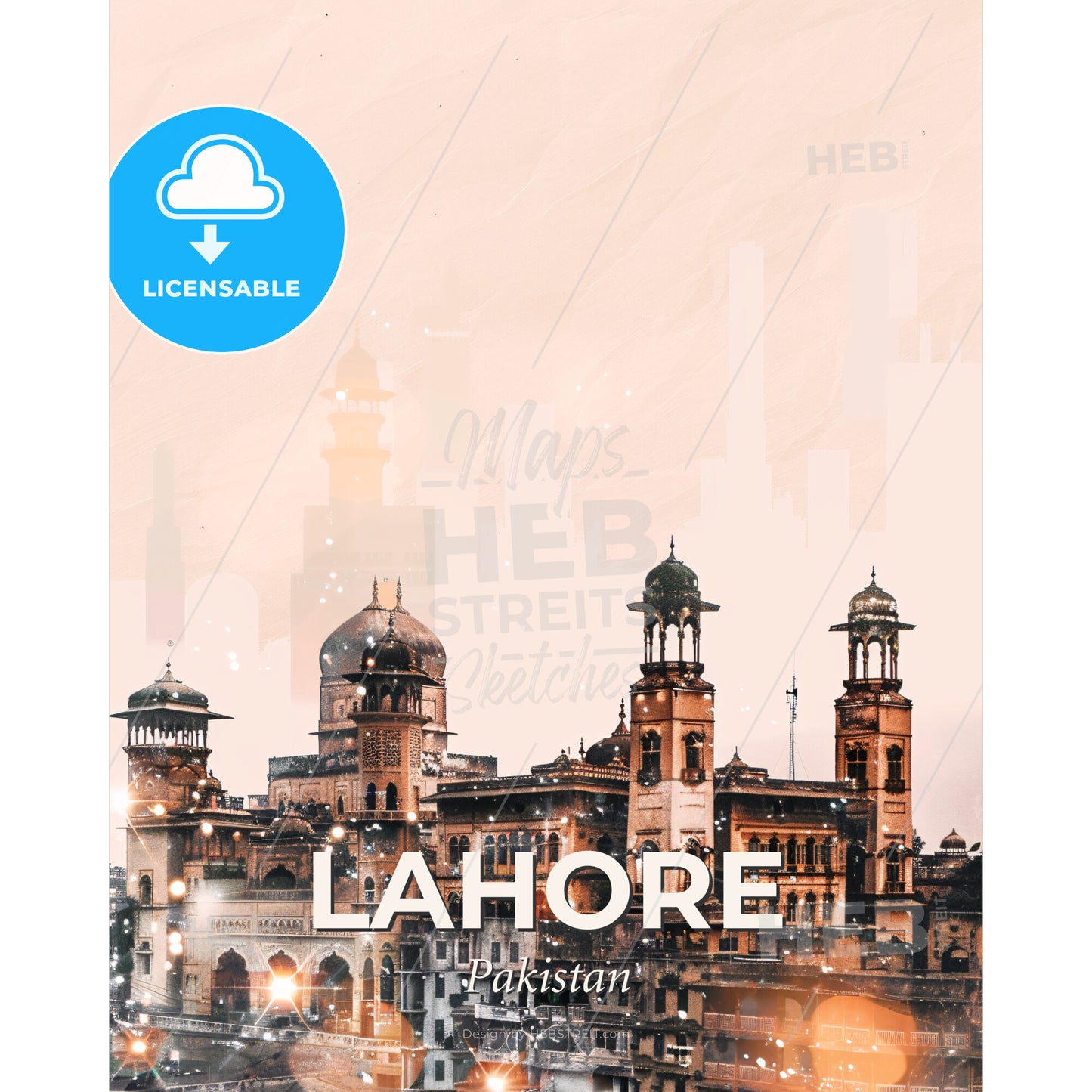 Lahore Skyline Night Sparkle Composite Poster - A large building with towers and a city skyline - Square format print template
