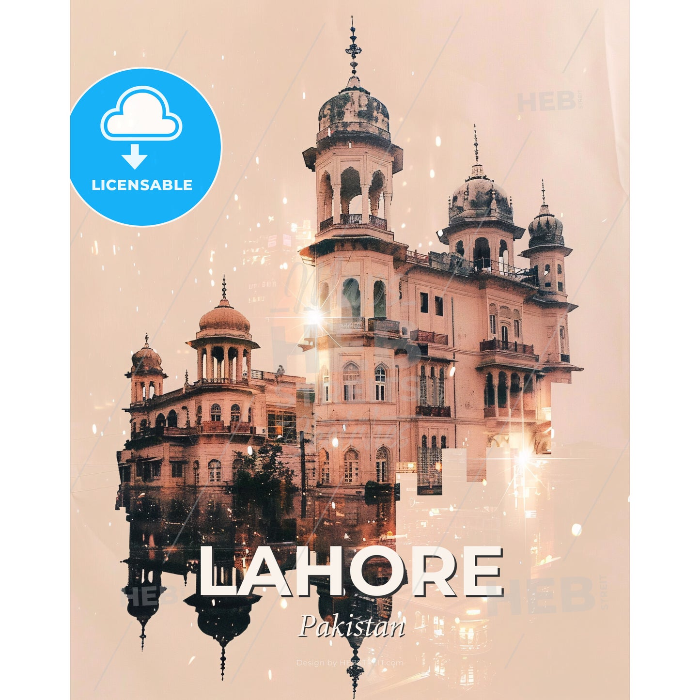 Lahore Skyline Double Exposure Local Colors - A building with towers and a reflection of it - Square format print template