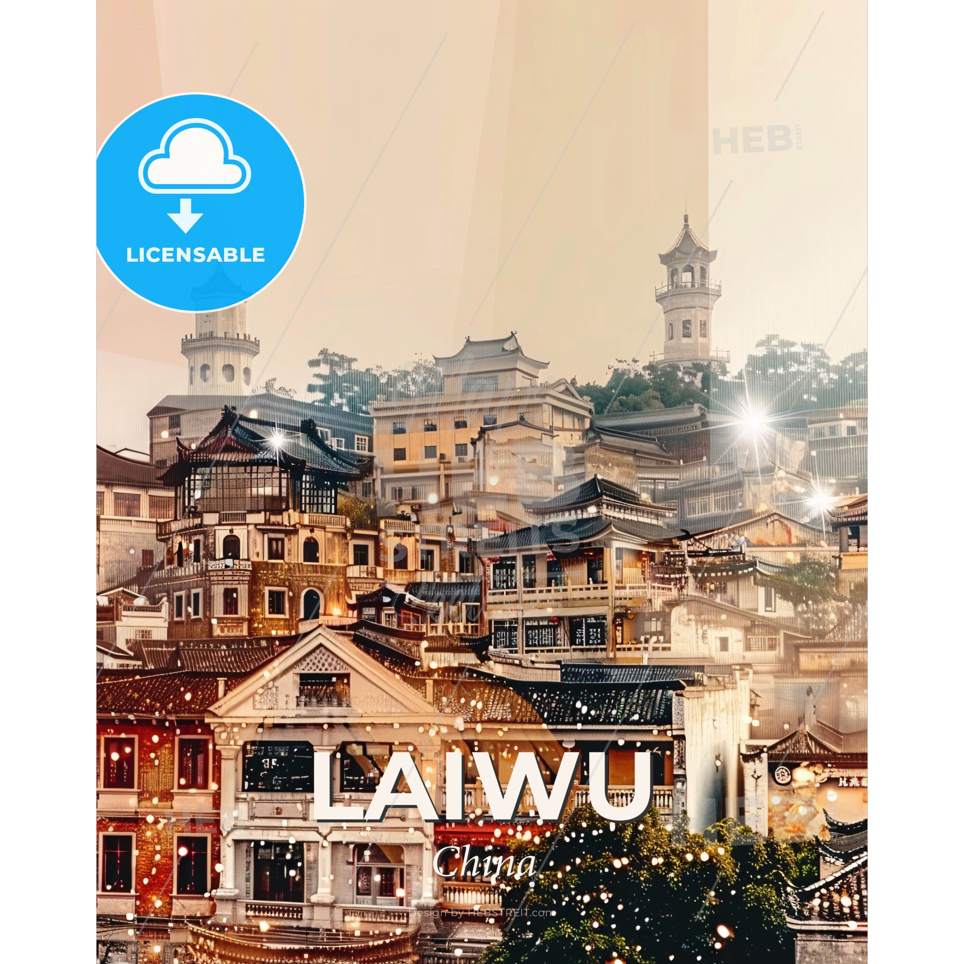 Laiwu China Skyline Double Exposure Art Poster - A city with many buildings - Square format print template