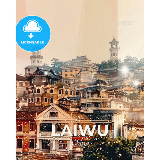 Laiwu China Skyline Double Exposure Art Poster - A city with many buildings - Square format print template