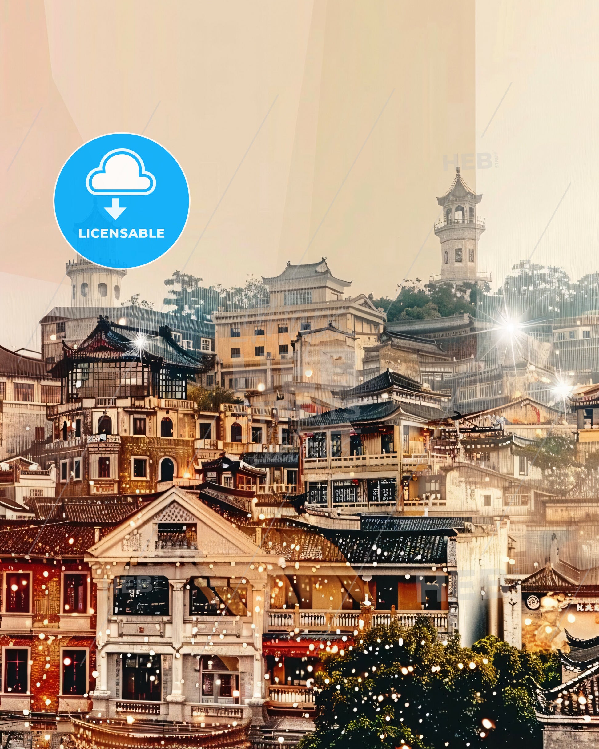 Laiwu China Skyline Double Exposure Art Poster - A city with many buildings