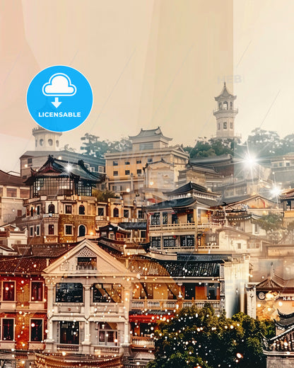 Laiwu China Skyline Double Exposure Art Poster - A city with many buildings