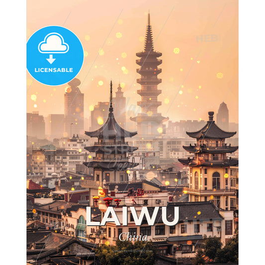 Laiwu, China: City Icon Art Deco Skyline - A city with tall buildings and a tall tower - Square format print template