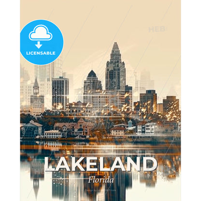 Lakeland City Skyline Composite Art - A city skyline with buildings and a body of water - Square format print template