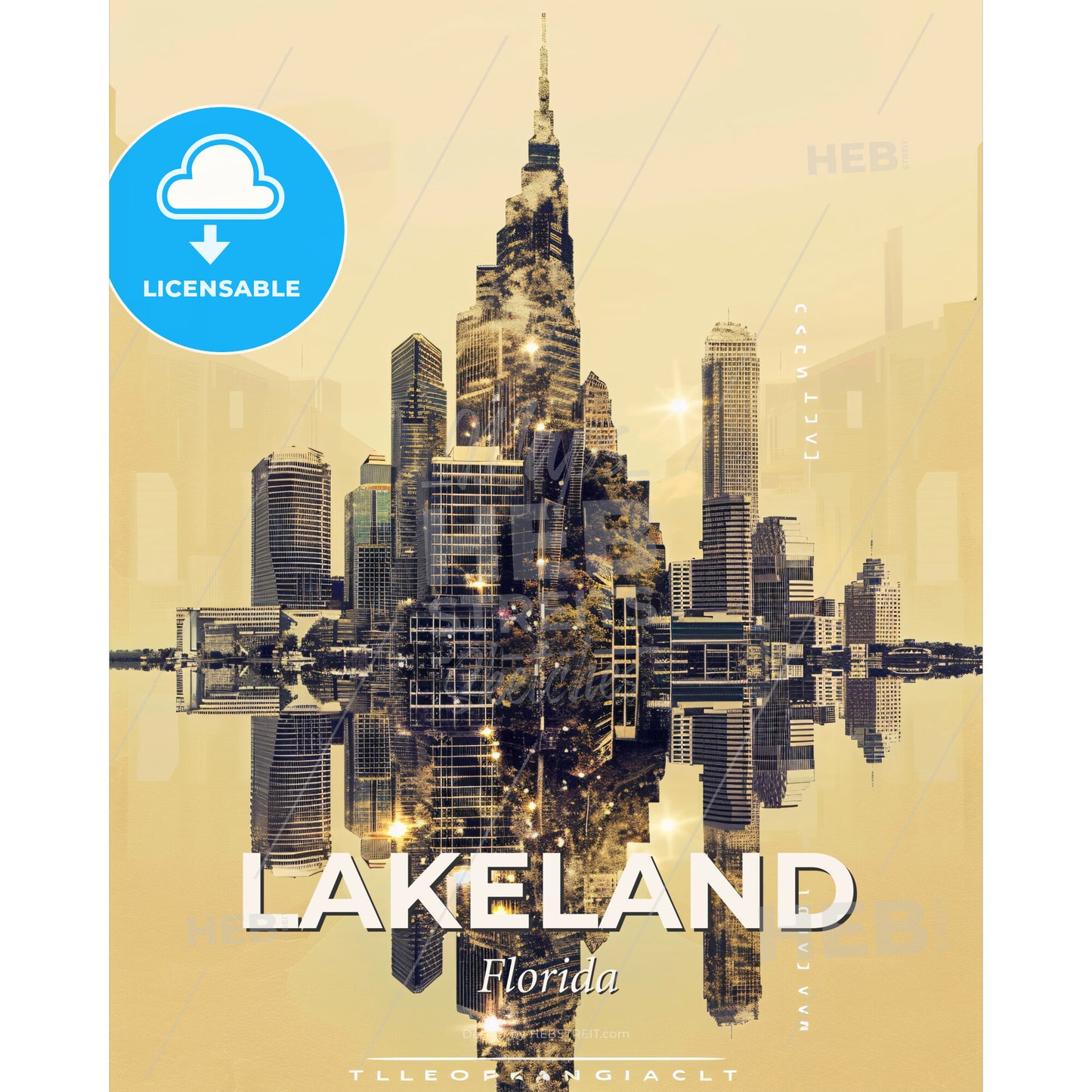 Lakeland Skyline Art Deco Cityscape Poster - A city skyline reflected in water - Square format print template