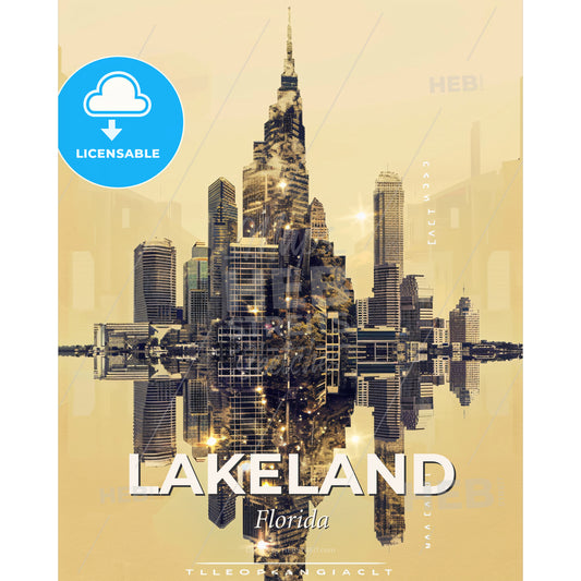 Lakeland Skyline Art Deco Cityscape Poster - A city skyline reflected in water - Square format print template