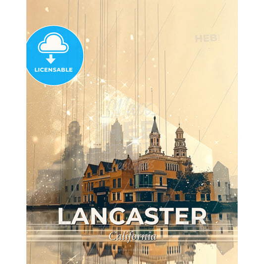 Lancaster Skyline Illuminated Beauty - A building with towers and a body of water - Square format print template