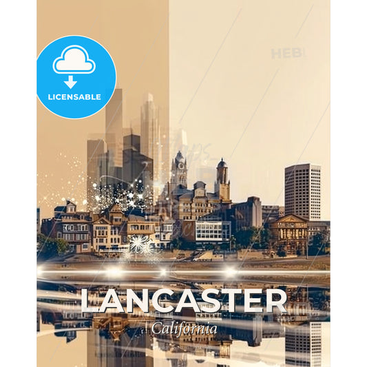 Lancaster City Skyline Double Exposure Art Print - A city with lights reflecting on the water - Square format print template