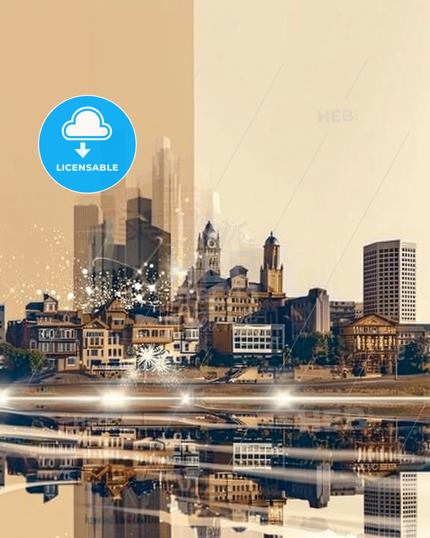 Lancaster City Skyline Double Exposure Art Print - A city with lights reflecting on the water