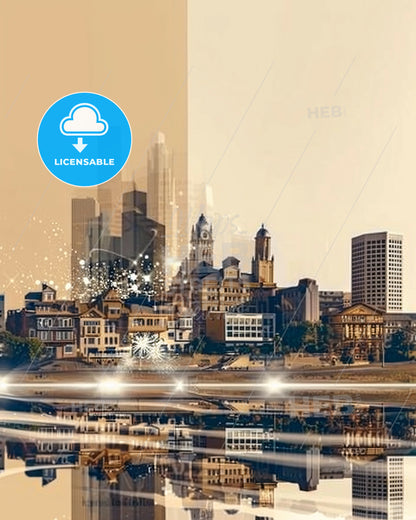 Lancaster City Skyline Double Exposure Art Print - A city with lights reflecting on the water