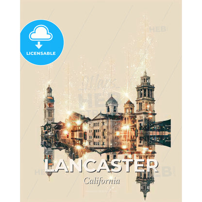 Lancaster Skyline Composite Art: Bright and Iconic - A building with towers and lights reflecting on water - Square format print template
