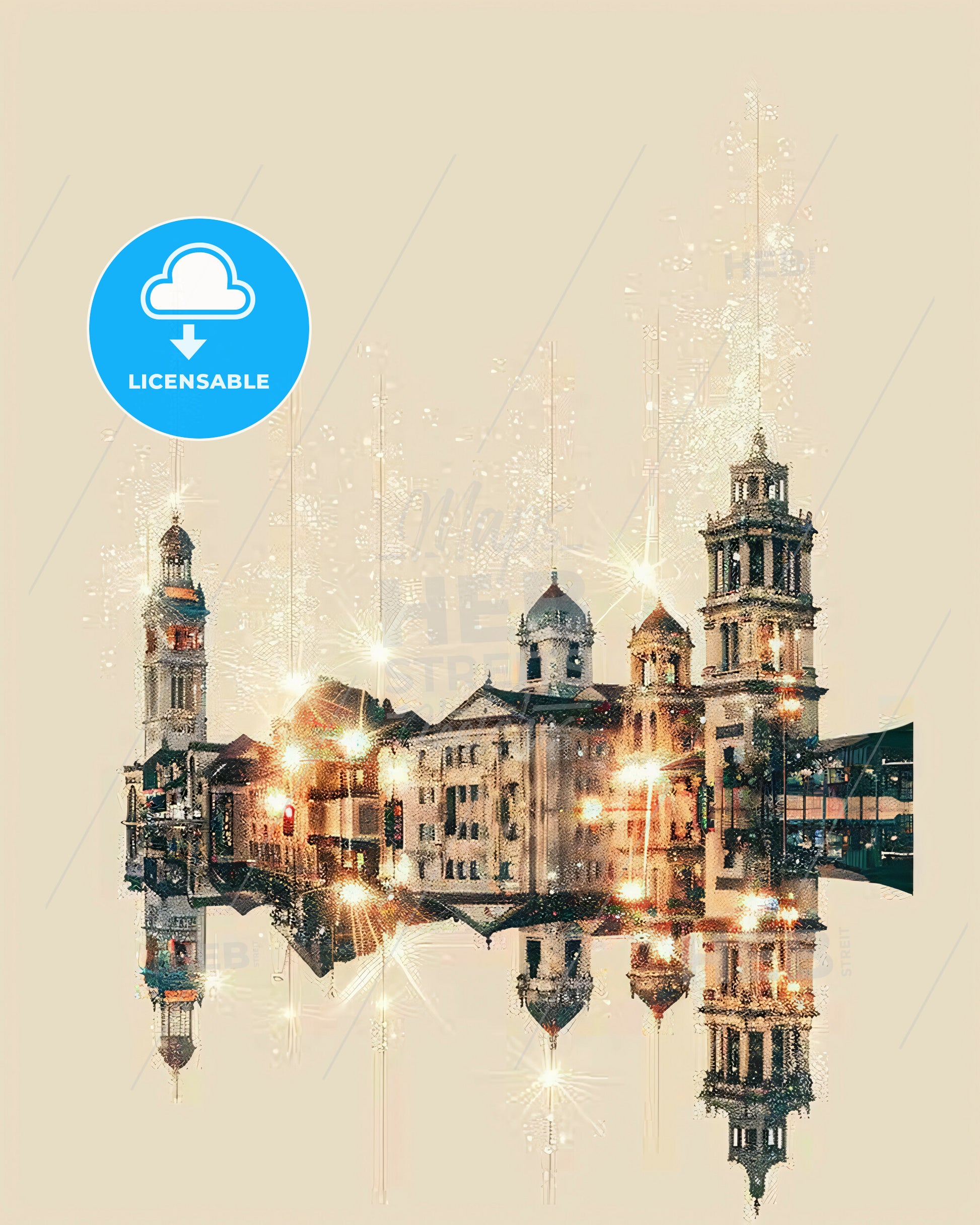 Lancaster Skyline Composite Art: Bright and Iconic - A building with towers and lights reflecting on water