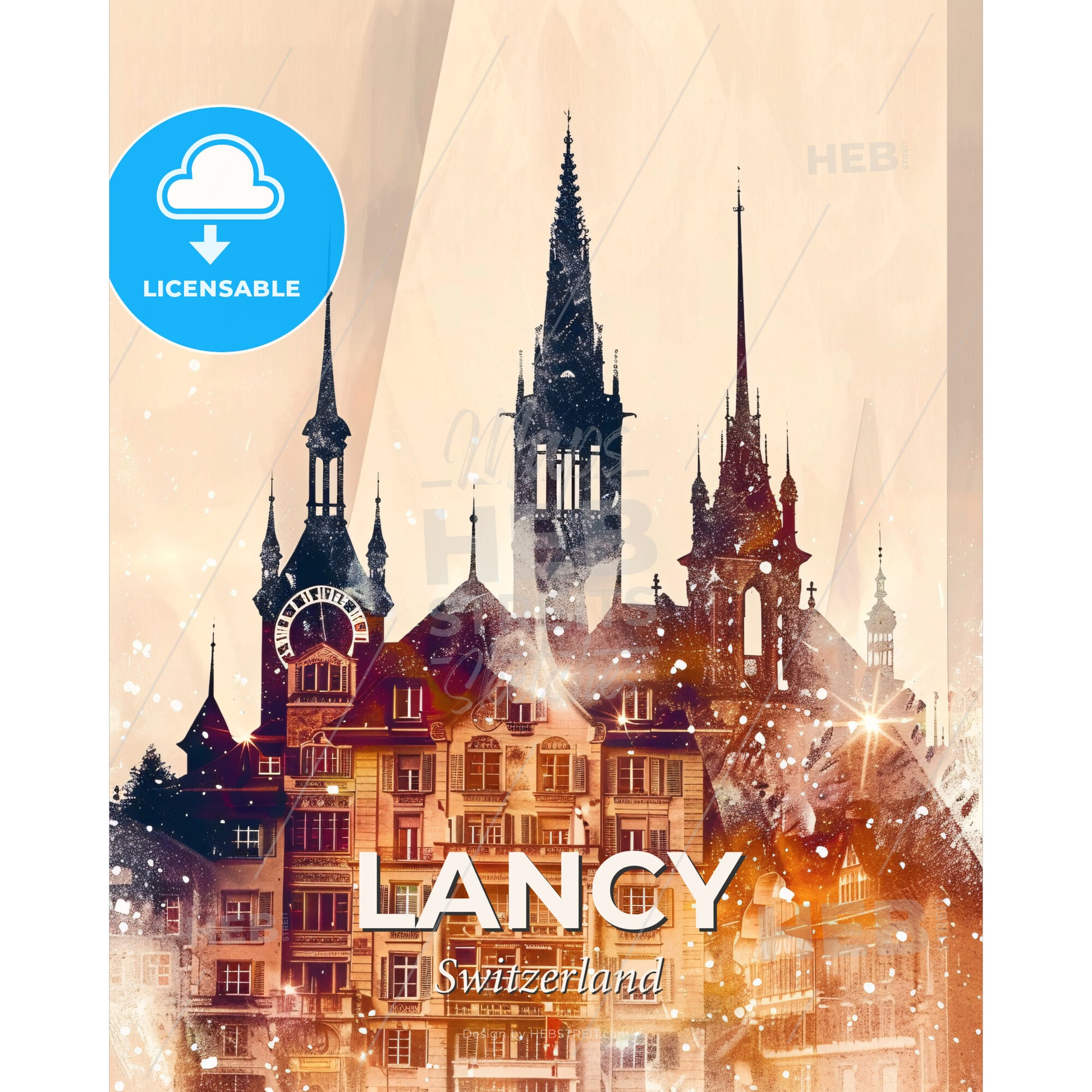 Lancy Cityscape Art Deco Bright Paper Background - A building with a clock tower - Square format print template