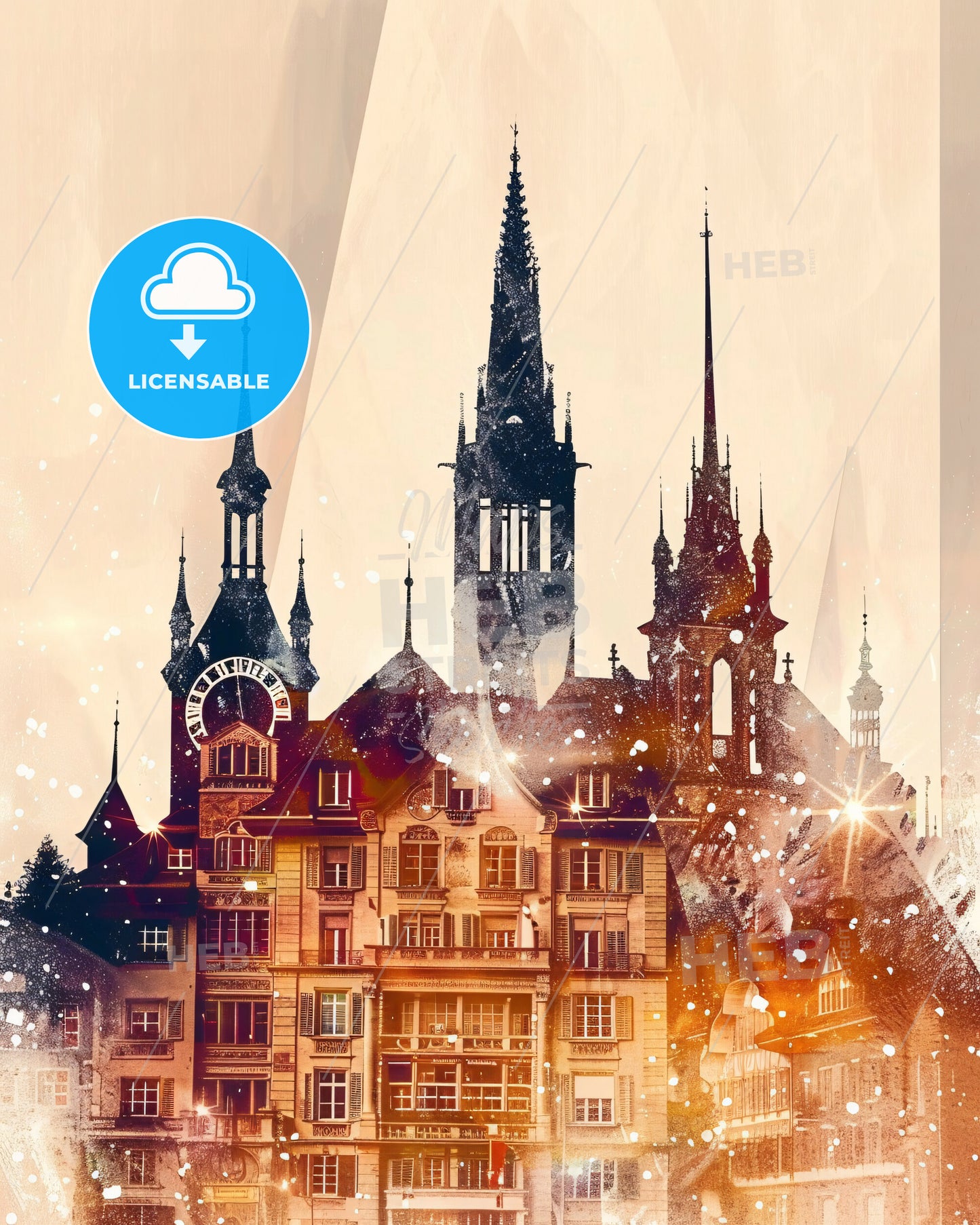 Lancy Cityscape Art Deco Bright Paper Background - A building with a clock tower