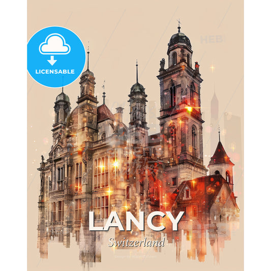Lancy Panorama: City Icons in Vibrant Double Exposure - A large building with towers and towers - Square format print template