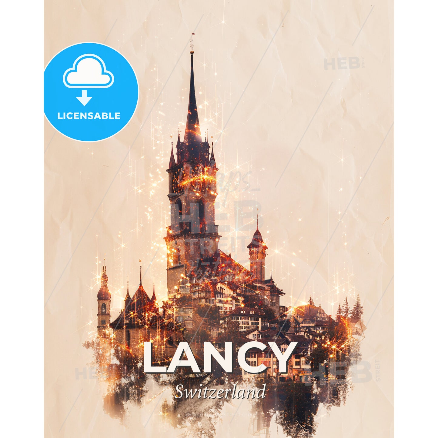 Lancy City Skyline Composite Poster Art - A building with a tower and many lights - Square format print template