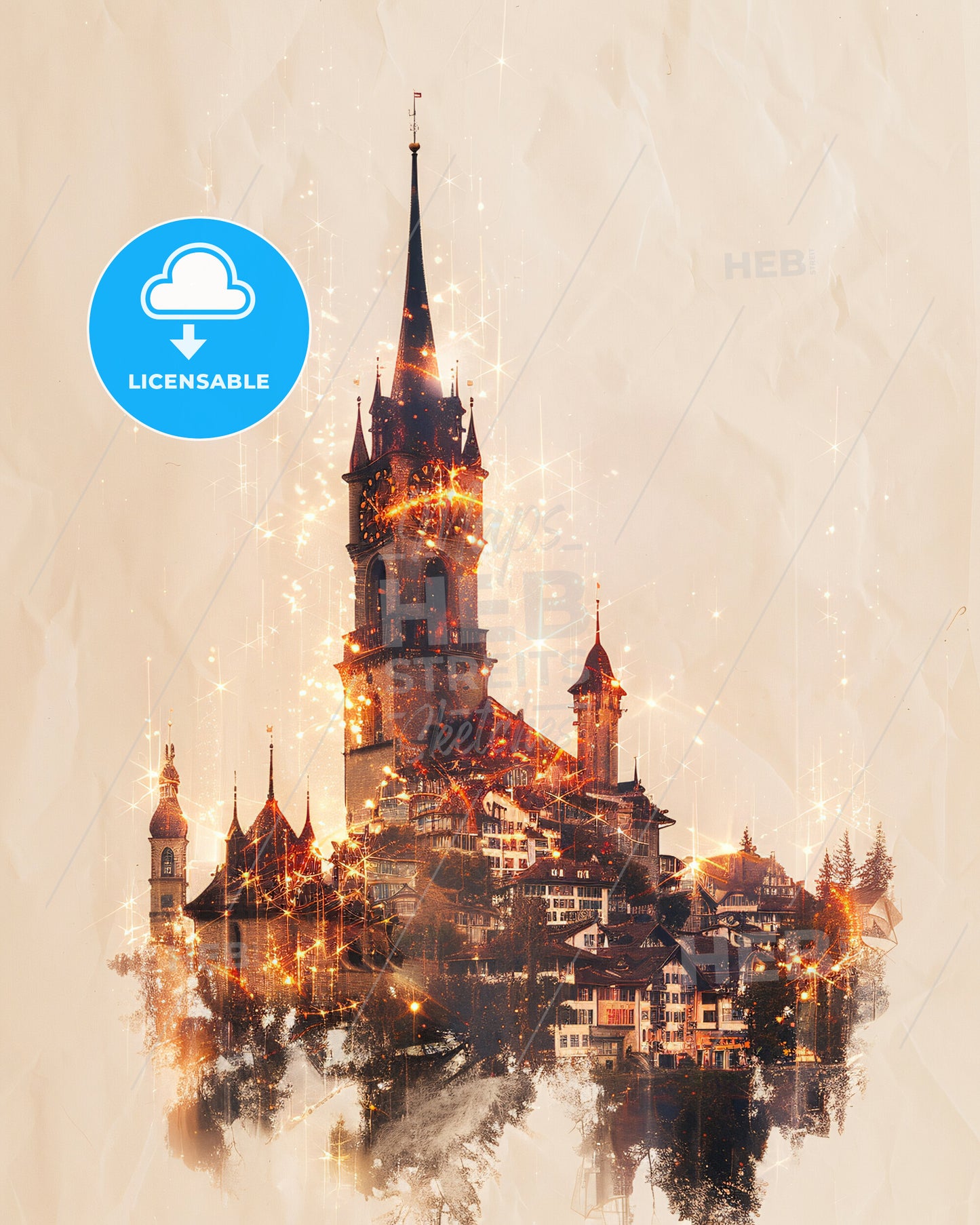 Lancy City Skyline Composite Poster Art - A building with a tower and many lights