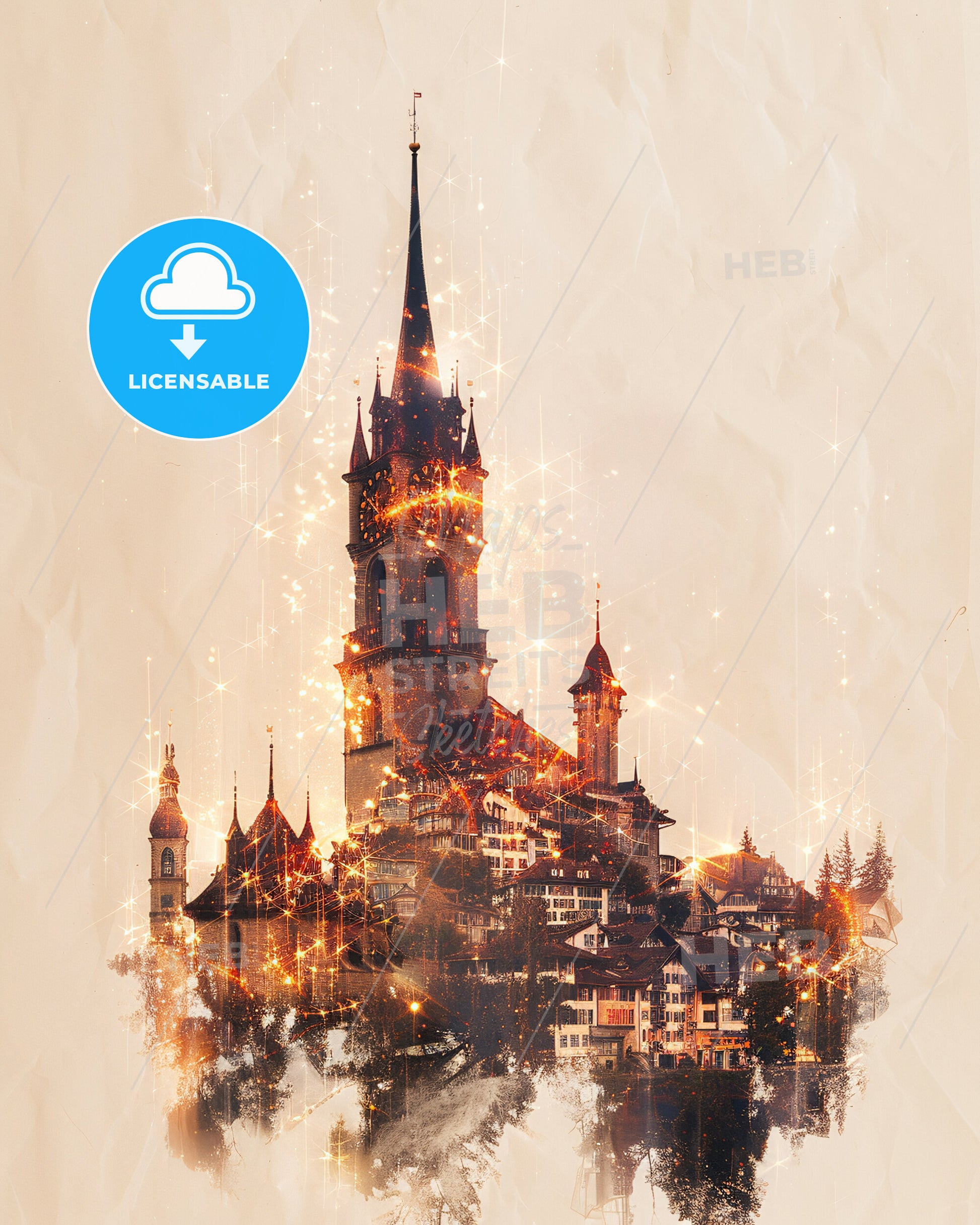 Lancy City Skyline Composite Poster Art - A building with a tower and many lights