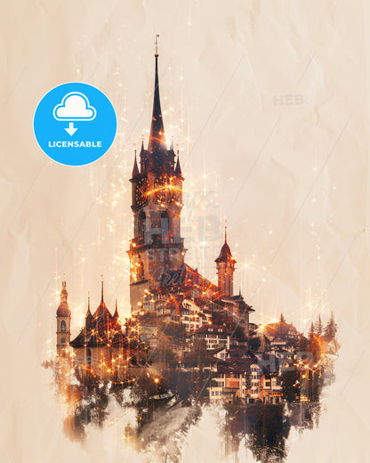 Lancy City Skyline Composite Poster Art - A building with a tower and many lights