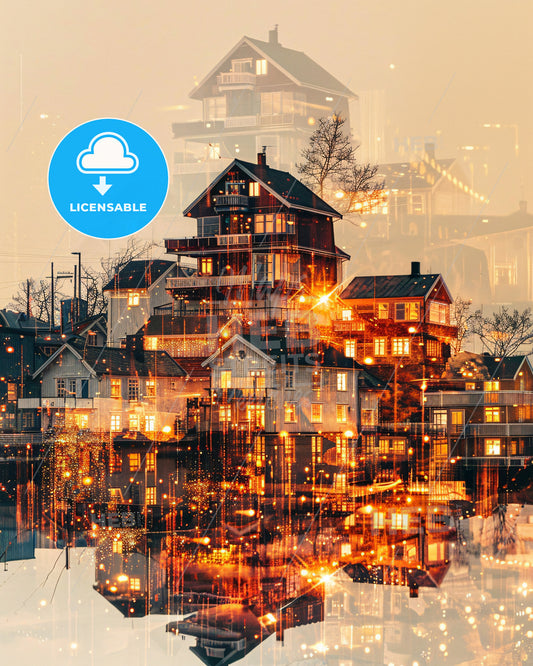 Langøya Norway Skyline Composite Art Poster - A city with many buildings and lights