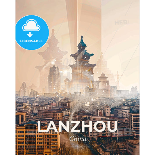Lanzhou Composite Art Skyline Poster - A city with buildings and a fountain - Square format print template