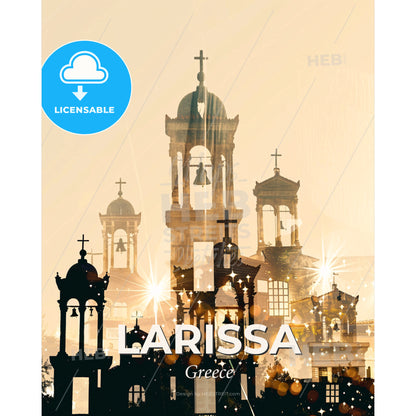 Larissa City Skyline Double Exposure Composite Art - A silhouette of a building with bells and crosses - Square format print template