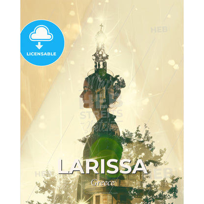 Larissa Greece Skyline Art Deco Bright Paper Background - A woman with a tower and a cross - Square format print template