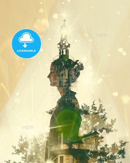 Larissa Greece Skyline Art Deco Bright Paper Background - A woman with a tower and a cross