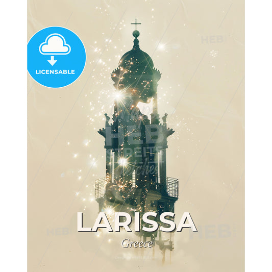 Larissa City Silhouette Skyline Poster Art - A silhouette of a building with a tower and stars - Square format print template