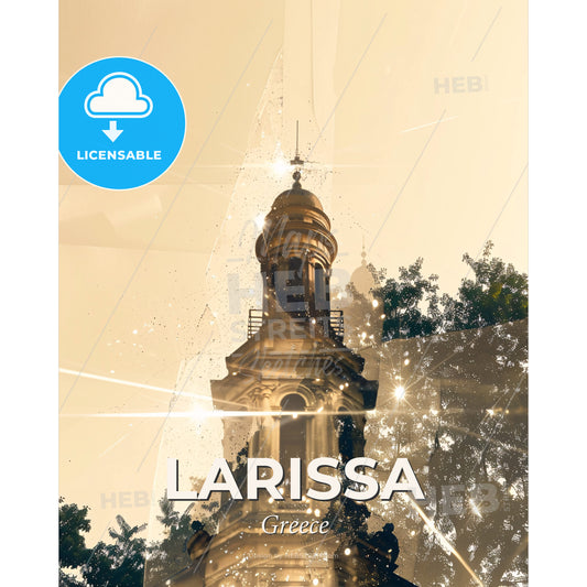 Larissa Skyline Composite Art Poster Silhouette - A building with a tower and trees - Square format print template