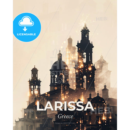 Larissa Greece Cityscape Skyline Double Exposure Poster - A building with a bell tower and fireworks - Square format print template