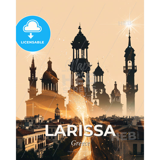 Larissa Skyline Double Exposure Composite Art Poster - A silhouette of a building with towers and a fire - Square format print template