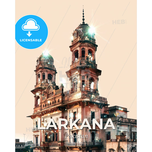 Larkana Cityscape Double Exposure Skyline - A building with towers and lights - Square format print template