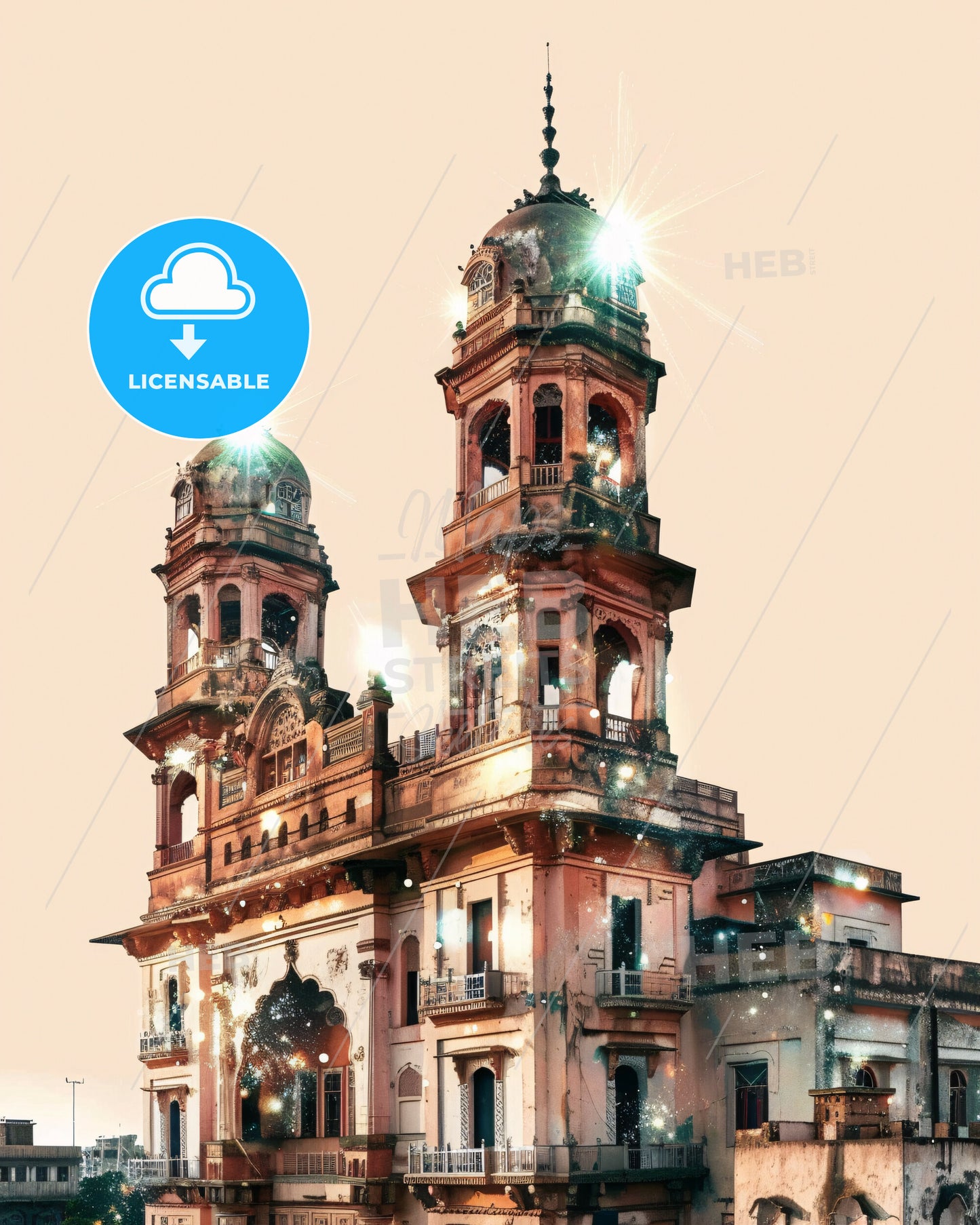 Larkana Cityscape Double Exposure Skyline - A building with towers and lights