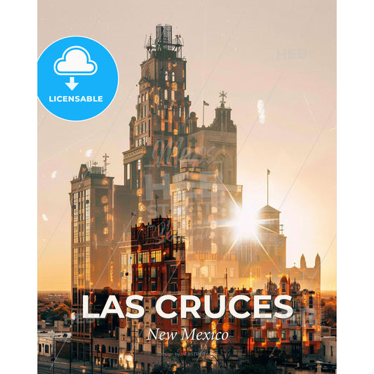 Las Cruces City Silhouette Artwork with Daytime Moon - A city skyline with a large building - Square format print template