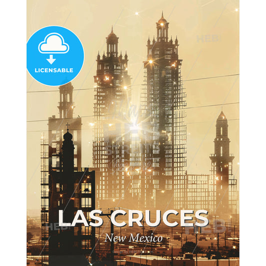 Las Cruces City Skyline Composite Art Print - A city under construction with a sun shining through the sky - Square format print template